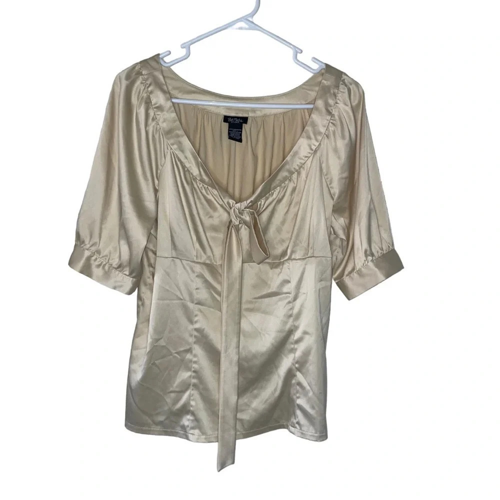 Bob Mackie Silky Beige Blouse V-Neck Side Zip Top Women’s Size Large Career